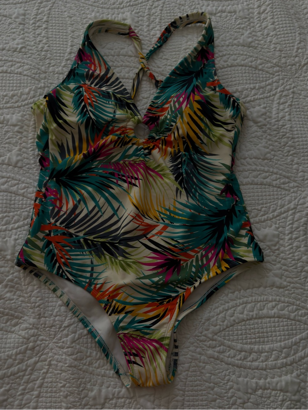 Women’s Tropical Leaf One-Piece Swimsuit - Multicolor - L
